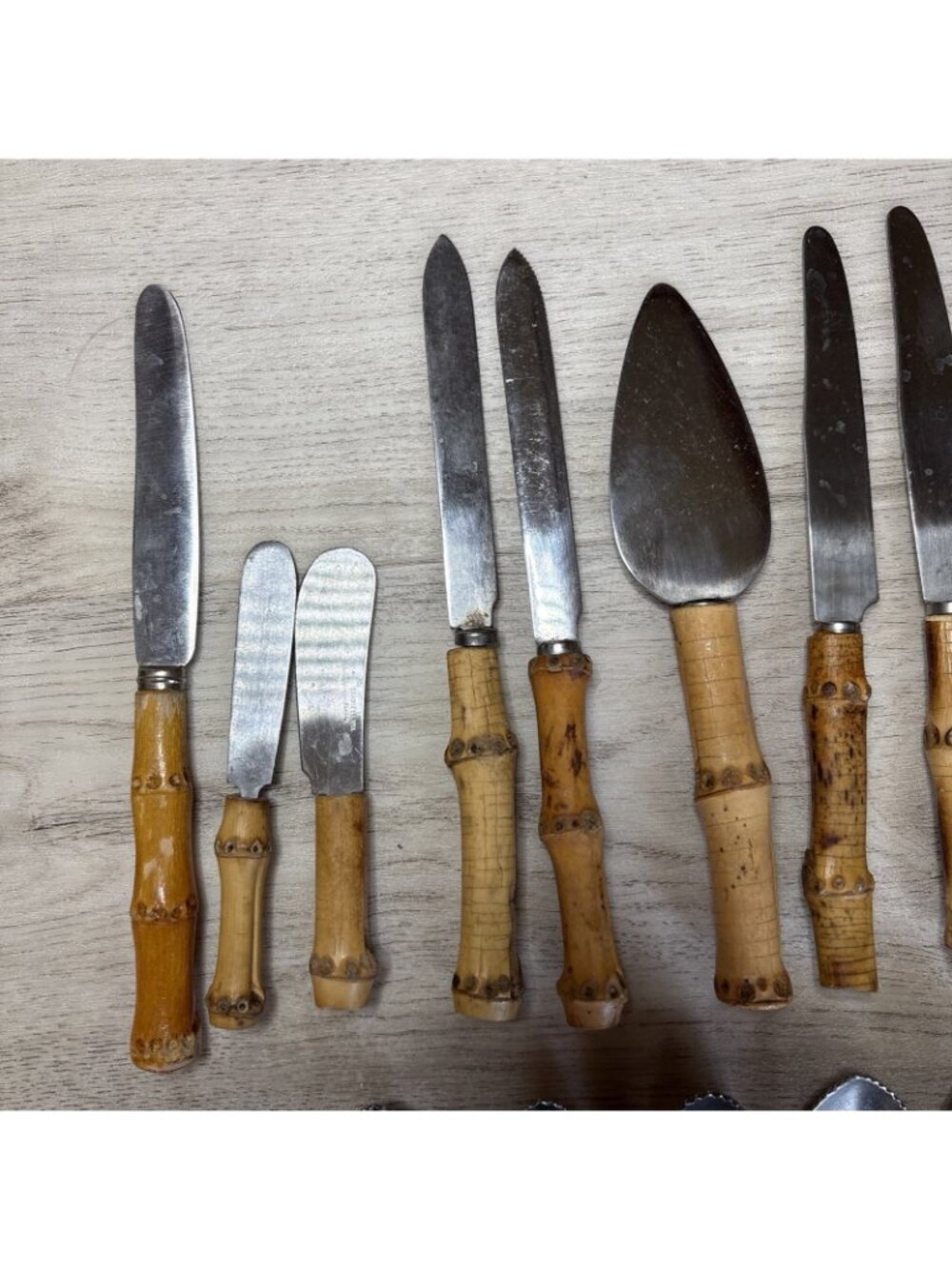 Vtg 29pc Bamboo Handle Flatware Silverware and Serving Pieces Stainless Japan - Picture 8 of 14